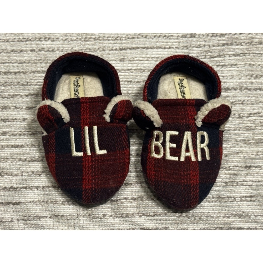 Dearfoams Lil Bear Toddler Slippers Size 7-8 Buffalo Plaid Red Black Cozy